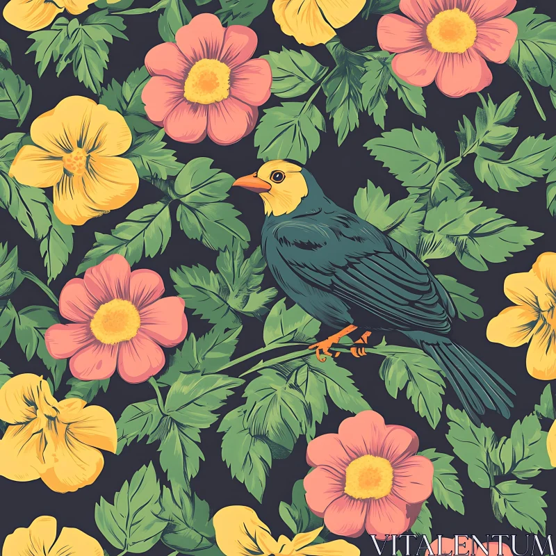 AI ART Floral Bird Illustration with Botanical Pattern