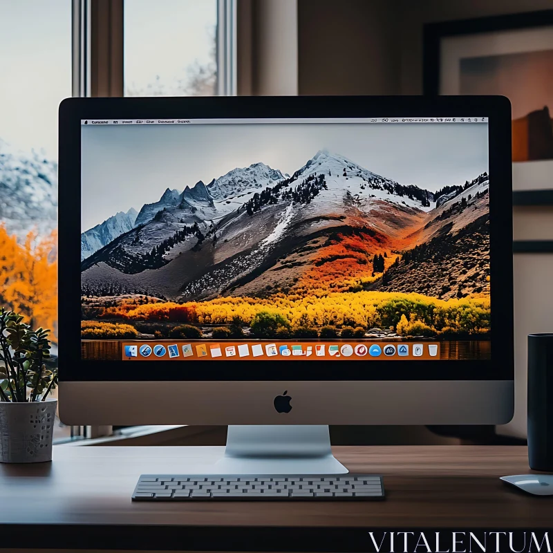 Stylish Computer Desk with Scenic Wallpaper AI Image