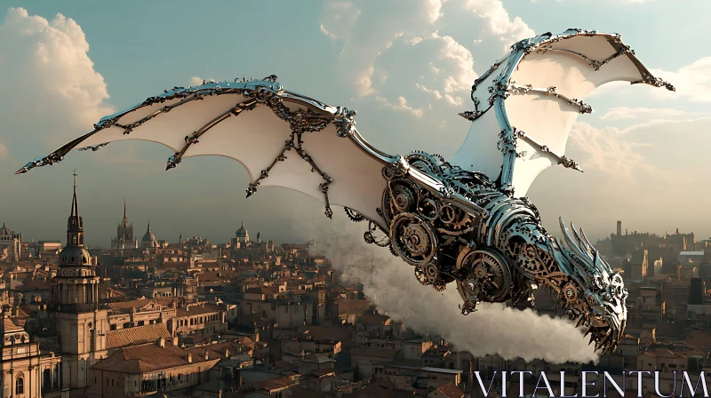 AI ART Mechanical Dragon Flight Above Metropolis