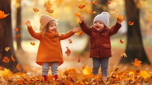 Kids having fun with autumn leaves