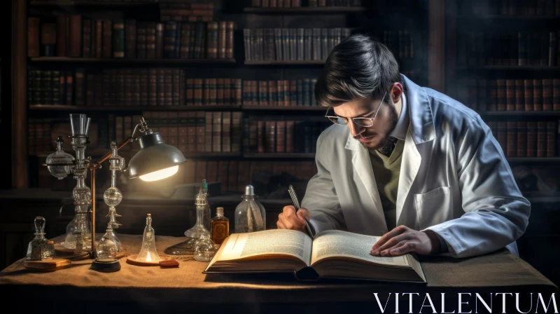 Amateur Chemist Reading Book at Night in Dark Library AI Image