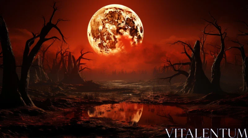 Apocalyptic Landscape with Red Moon and Tree Silhouette AI Image