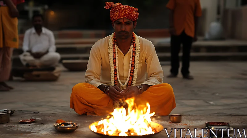 Man in Traditional Dress Meditating AI Image