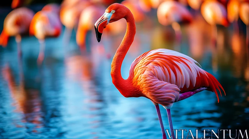 Pink Flamingo Standing in Blue Water AI Image