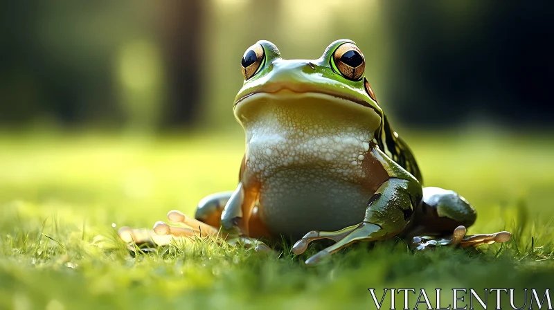 Sunlit Frog Sitting on Grass AI Image