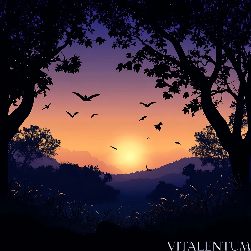 Birds Flying at Sunset AI Image