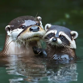 Otter and Raccoon Bond in Serene Waters