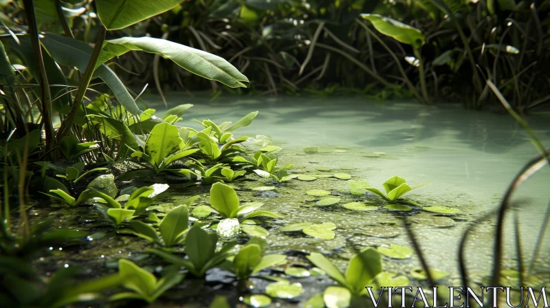 Close-up of a Serene Pond in a Tropical Forest AI Image