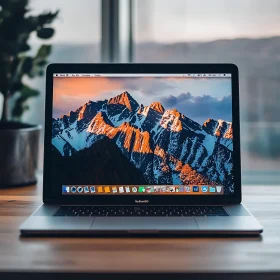 Laptop Showing Mountain Image On Wooden Desk