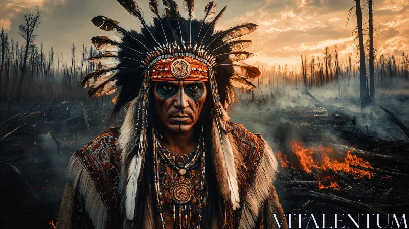 Indigenous Portrait in Burning Landscape AI Image