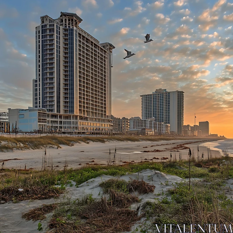 AI ART Beachfront Buildings at Sunrise