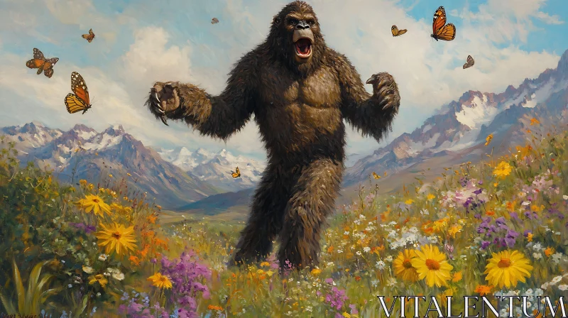 Sasquatch in a Floral Meadow AI Image