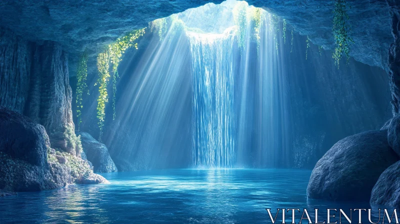 AI ART Serene Waterfall in a Sunlit Cave