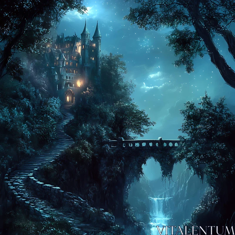 AI ART Fantasy Castle with Bridge and Waterfall