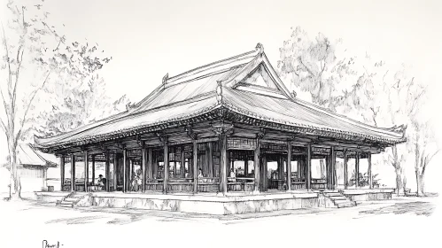 Monochrome Sketch of a Traditional Building