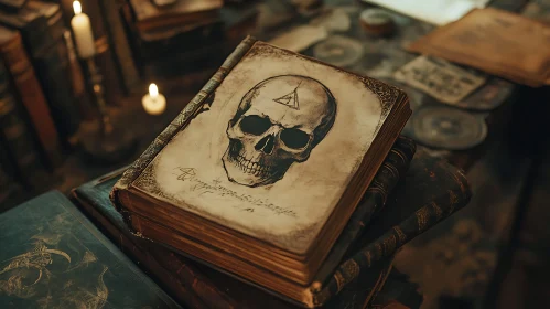 Ancient Tome with Skull Drawing