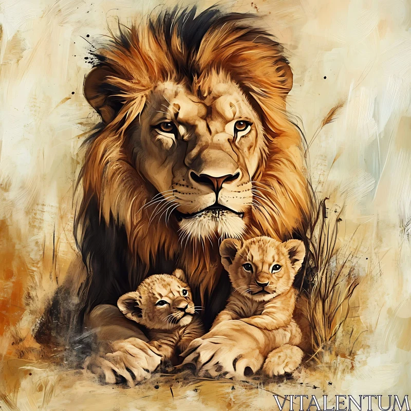 AI ART Protective Lion with Cubs