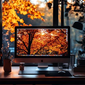 Workstation with Sunlit Autumn Background