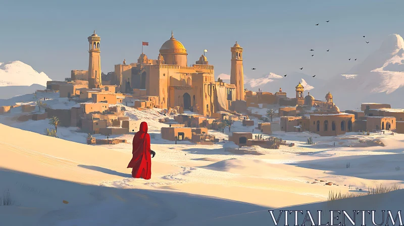 Desert City with Red Cloaked Figure AI Image