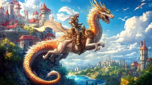 Golden Dragon Flight Above Kingdom