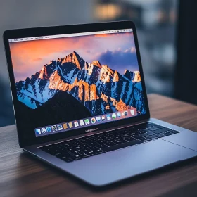 Sleek Laptop Displaying Mountains at Sunset