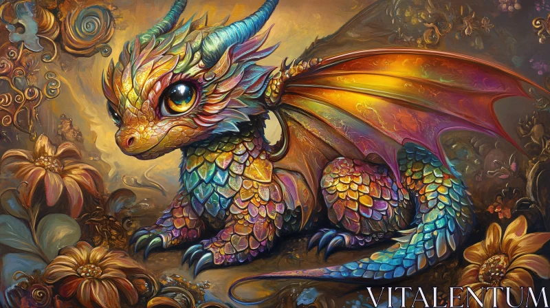 AI ART Rainbow Scaled Dragon with Flowers