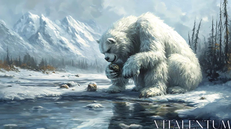 AI ART Bear with Rock in Snowy Landscape