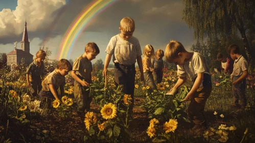 Kids Gardening in a Floral Meadow