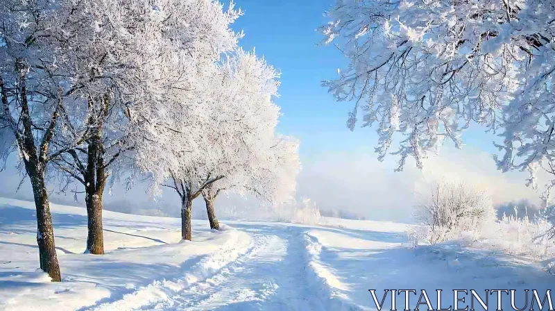 Tranquil Snowy Scene with Frost-Covered Trees and Path AI Image