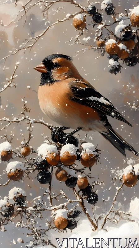 Winter Bird with Snowy Berries AI Image