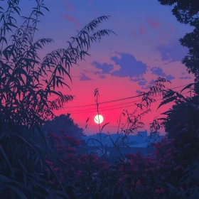 Sunset Landscape with Silhouetted Plants