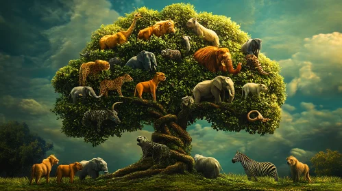 Wildlife in Harmony: Animals Resting on a Majestic Tree