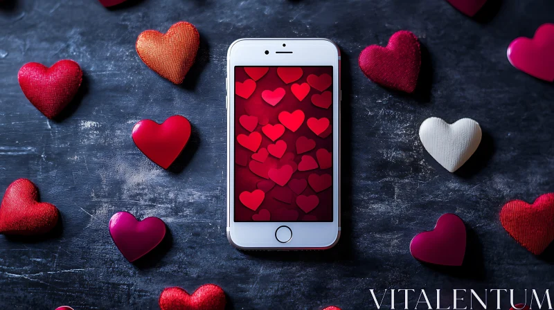 Hearts Around Phone: Valentine's Day Concept AI Image