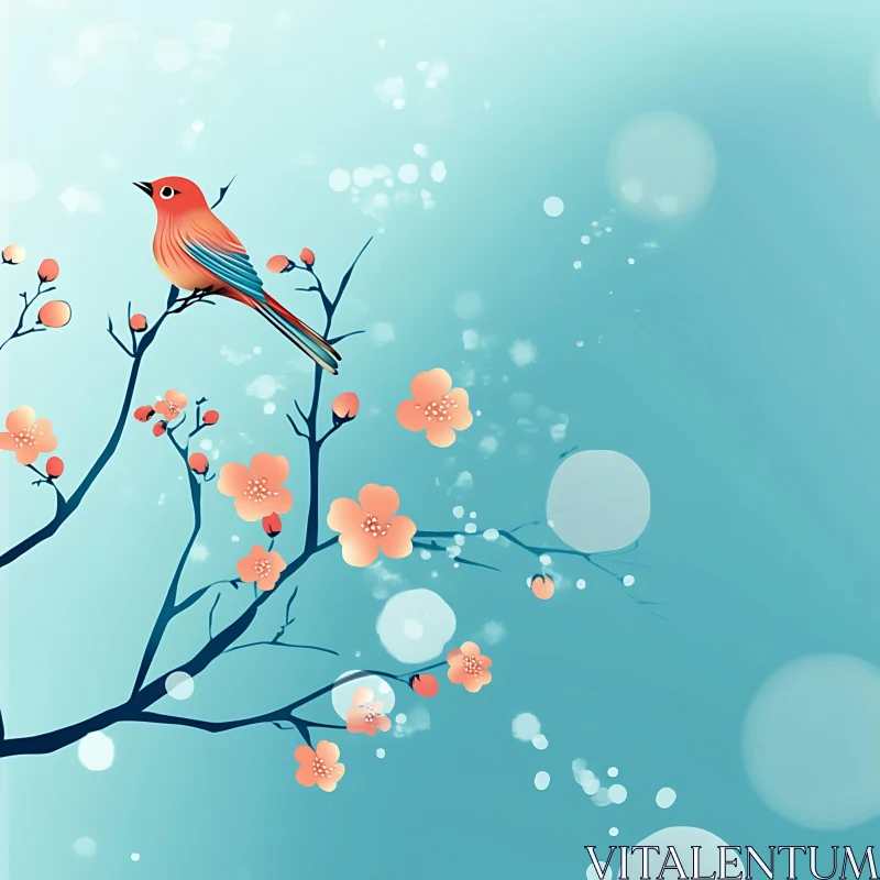 Floral branch with bird illustration AI Image