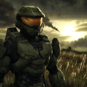 Green Armored Character Sunset