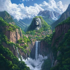 Mountain Head Sculpture Overlooking Village