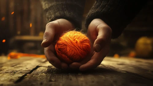 Yarn Ball in Hands on Wood