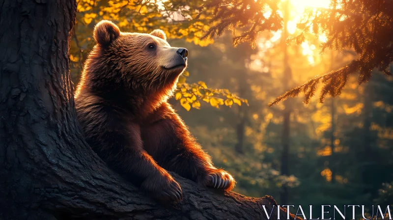 Bear Relaxing in Sunlit Woods AI Image