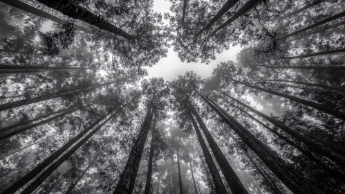 Tall Trees in Foggy Forest