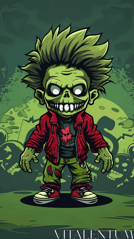 Green Zombie Boy Cartoon Illustration with Skulls AI Image