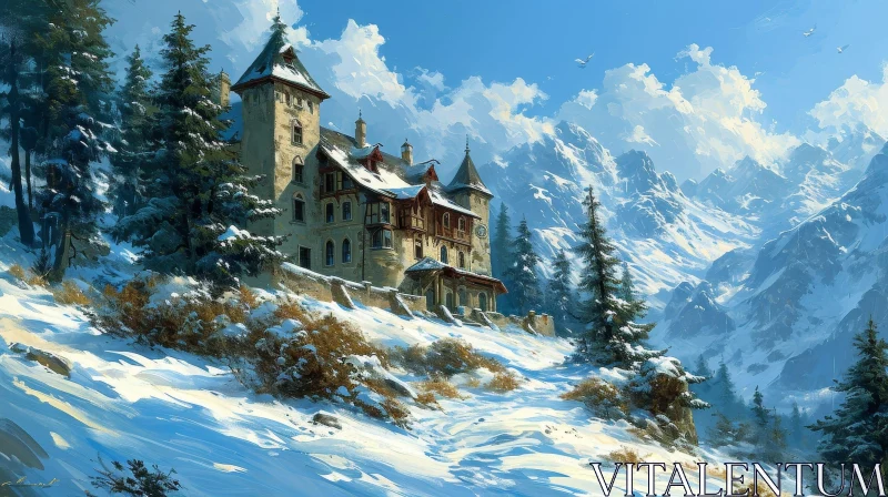 Majestic Castle in Snow-Covered Mountains: A Captivating Painting AI Image