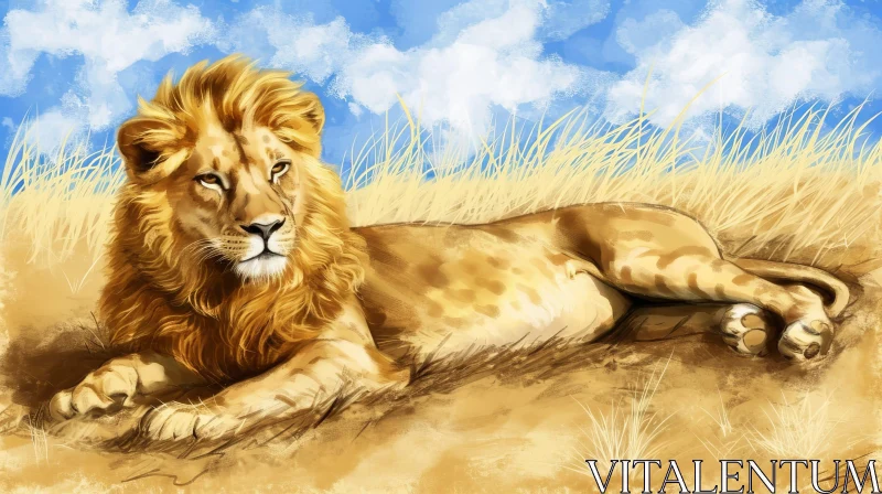 Majestic Lion in Tall Grass - Digital Painting AI Image