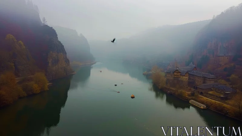 Mysterious Foggy River with Wooden Boats - Photorealistic Mountainous Vistas AI Image
