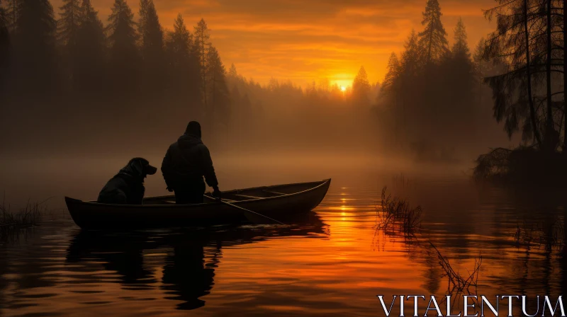 Peaceful Canoeing: Man and Dog in a White Canoe on a Serene River AI Image