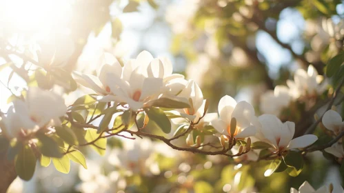 Sunlit Magnolia Tree in Bloom - A Study in Soft Focus and Tranquility