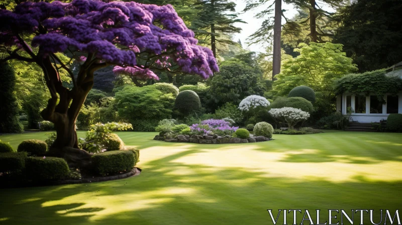 Timeless Elegance in an English Garden with a Purple Tree AI Image