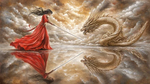 Red Dress Warrior Facing Dragon