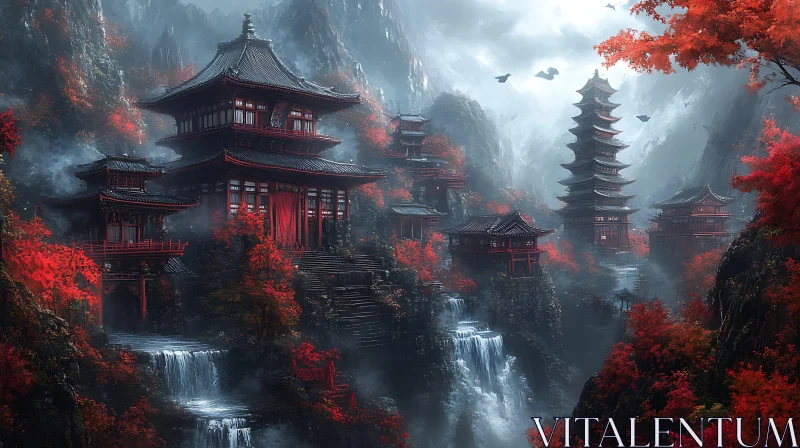 AI ART Red Foliage and Waterfalls in Asian Temples