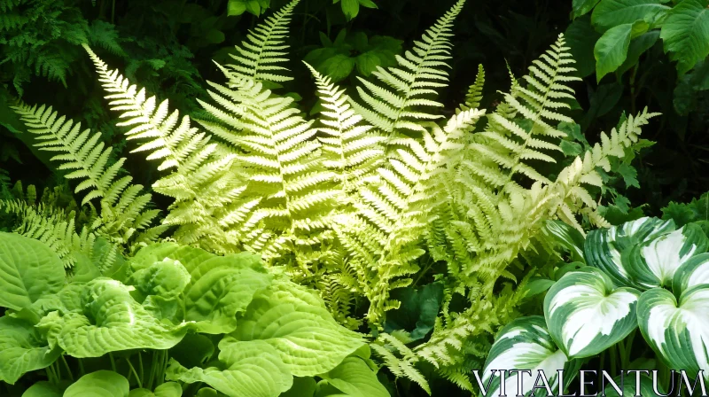 AI ART Sunlit Ferns Among Green Leaves