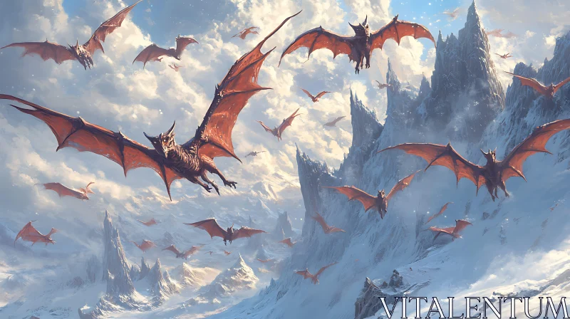 AI ART Aerial Dragons Over Winter Mountains